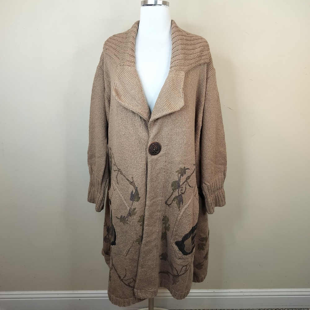 Blue Fish Cardigan Sweater Coat Heavy Cotton Knit Pear Floral One Size 52" Bust